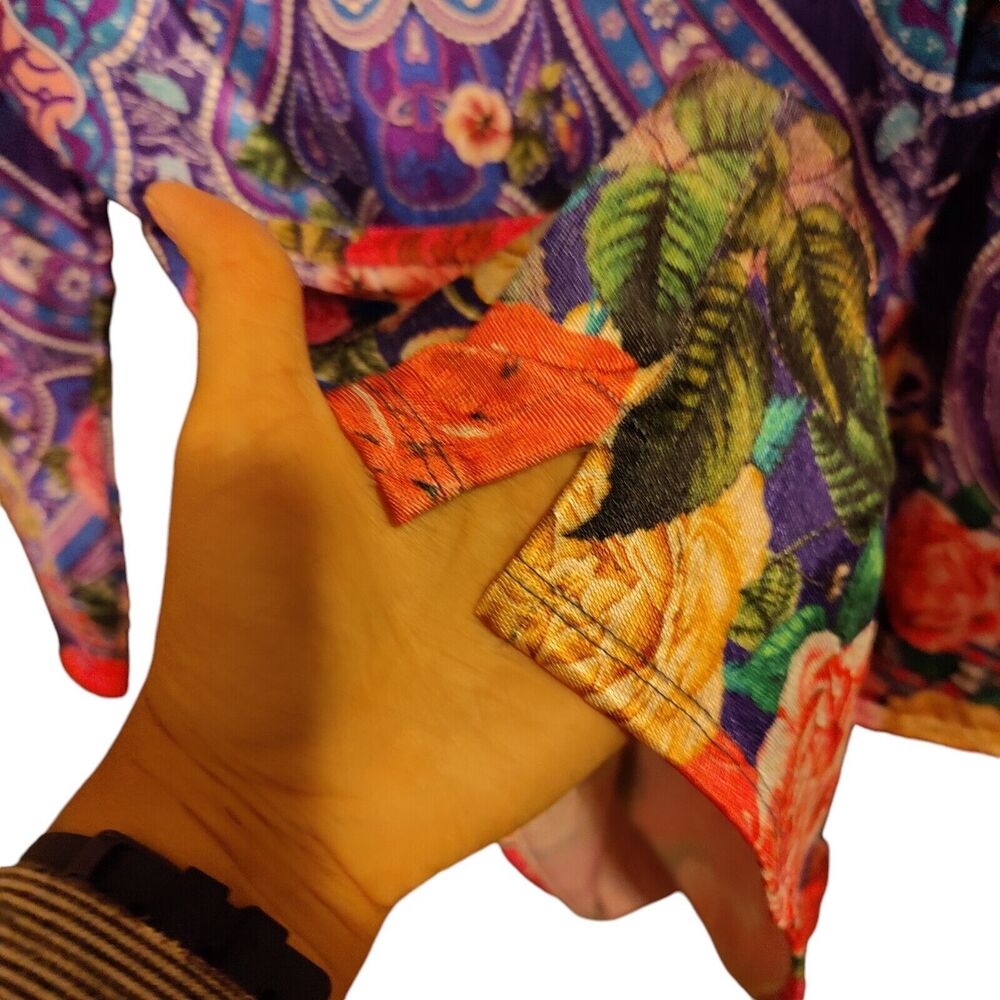 Dudalina Women's Tunic Blouse Stretch 70s Style Roses Shimmer 3/4 Sleeve M/L - Picture 3 of 10